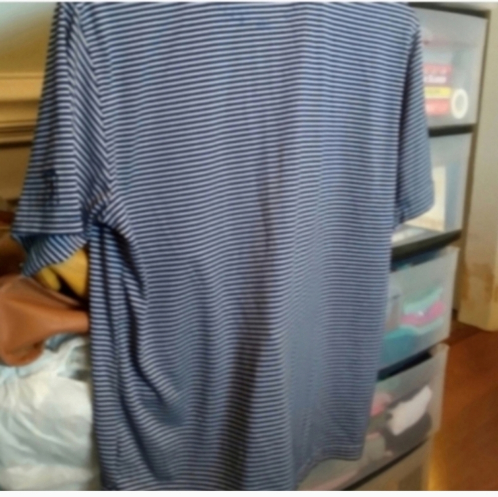PGA Tour Polo Men's Blue White Striped Shirt L Quarter Button Collar EUC Golfing